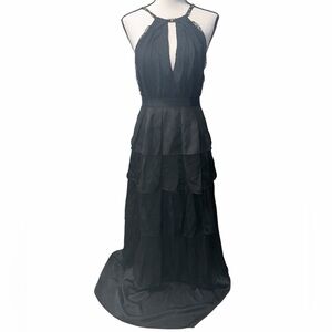 BCBG Max Azria Black Chiffon Tiered Ruffle Rhinestone Silk Prom Gown Size 4